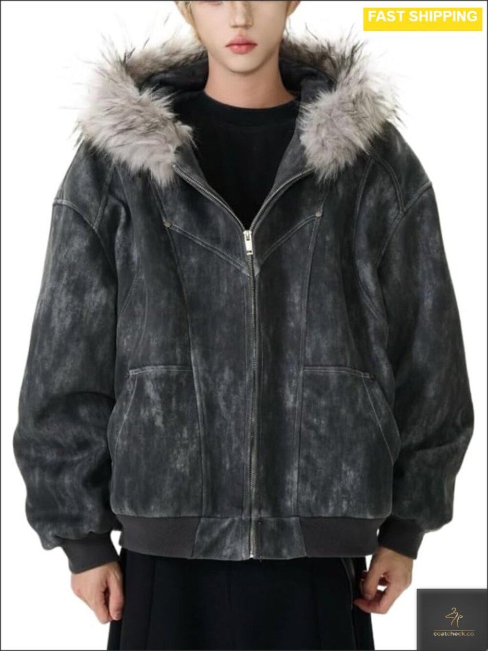 Mens Oversized Zip Up Hoodie Faux Fur Hood Y2K Grunge Graphic Streetwear